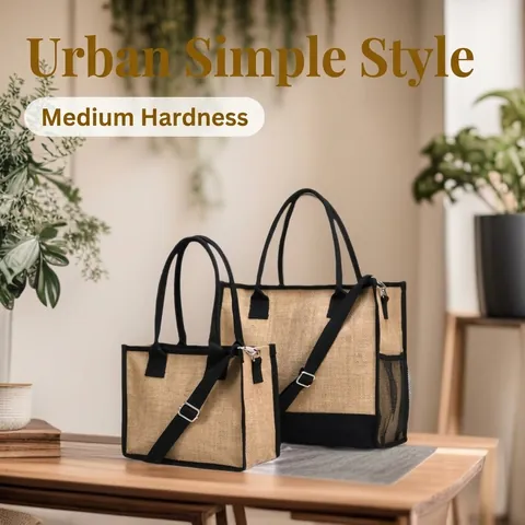 Dames Urban Minimalistisch Jute Tote Bag Grote Capaciteit Crossbody Tas Met Afneembare Schouderriem Kleurcontrast Patchwork Dagelijkse Boodschappentas