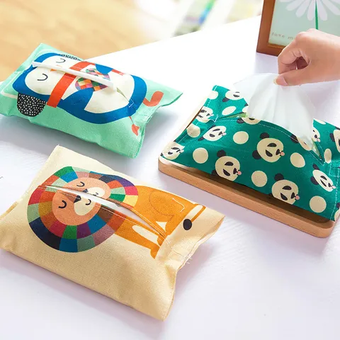 Cartoon Animal Linen Fabric Tissue Box Cover Cute Decorative Tissue Bag For Car Home Living Room Office Desktop Decor