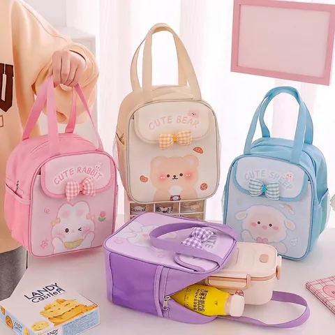 Cartoon Large Capacity Insulated Lunch Bag Waterproof Oxford Cloth Thermal Picnic Tote With Side Mesh Pocket For Students Office Women