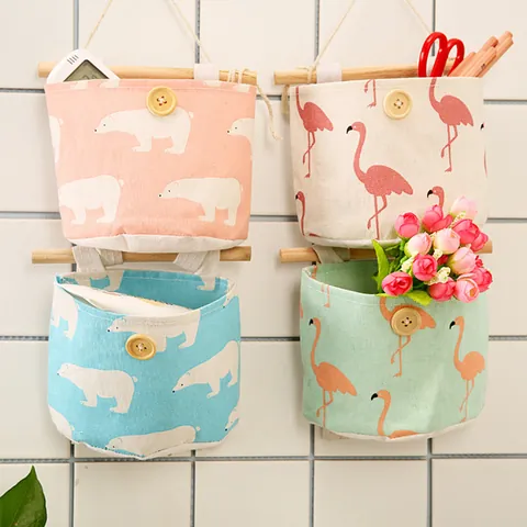 Cartoon Katoen Linnen Hangende Opbergtas Ronde Stoffen Opbergmand Ijsbeer Flamingo Bedrukte Desktop Organizer
