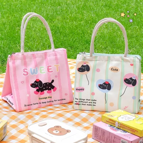 Cute Cartoon Portable Insulated Lunch Bag Aluminum Foil Lining Thermal Bento Bag Animal Pattern Picnic Tote For Office School
