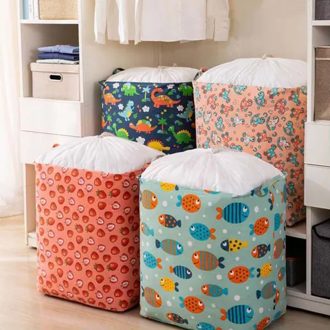 Large Capacity Foldable Cotton Linen Storage Basket Drawstring Waterproof Coated Laundry Hamper Cartoon Pattern Clothes Organizer Bin