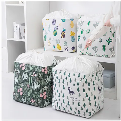 Large Capacity Foldable Cotton Linen Storage Basket Drawstring Waterproof Coated Laundry Hamper Cartoon Pattern Clothes Organizer Bin