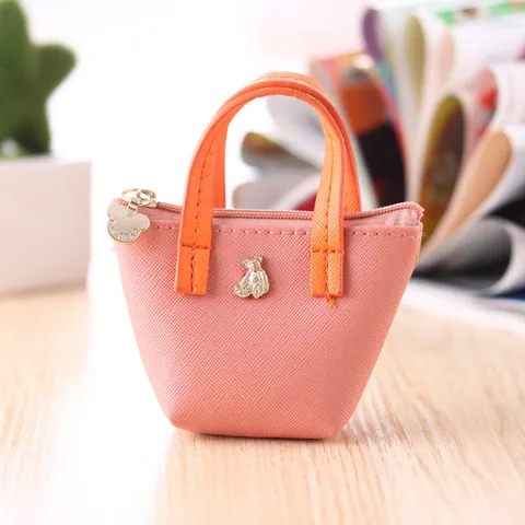 Mini Porte-monnaie en Cuir Synthétique Style Coréen Couleurs Bonbon Pochette à Main Avec Charme d'Ours Pour Bijoux Sac à Fermeture Éclair Femmes