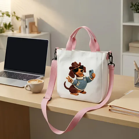Sac à Main en Polyester Brodé de Teckel de Dessin Animé Mignon pour Femmes Petit Sac à Bandoulière Carré Décontracté Avec Sangle Réglable