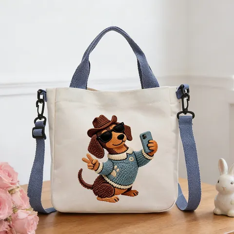Sac à Main en Polyester Brodé de Teckel de Dessin Animé Mignon pour Femmes Petit Sac à Bandoulière Carré Décontracté Avec Sangle Réglable