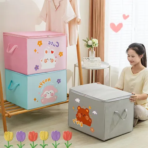 Cartoon Non-woven Fabric Large Capacity Storage Bag For Clothes Quilt Organizer Moving Packing Bag With Handles Foldable