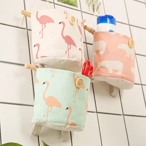 Cartoon Katoen Linnen Hangende Opbergtas Ronde Stoffen Opbergmand Ijsbeer Flamingo Bedrukte Desktop Organizer