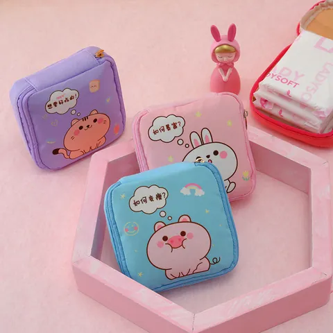 Cartoon Sanitary Napkin Storage Bag Cute Animal Portable Pad Organizer Case Cotton Zipper Makeup Pouch For Women Girls