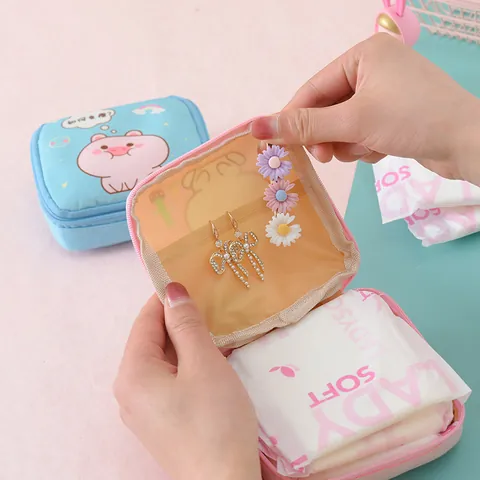 Cartoon Sanitary Napkin Storage Bag Cute Animal Portable Pad Organizer Case Cotton Zipper Makeup Pouch For Women Girls