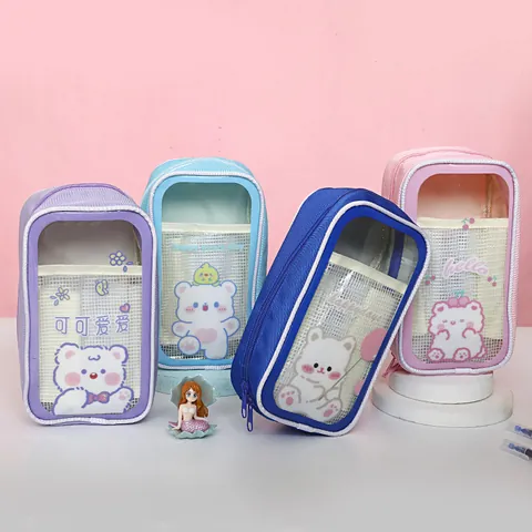 Cute Clear Cartoon Bear Pencil Case Large Capacity Waterproof PVC Pencil Pouch Student Stationery Bag Ins Style Pen Box For School Office