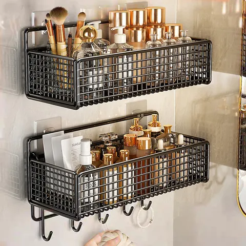 Wall Mounted Bathroom Storage Rack Drill Free Iron Wire Grid Shower Caddy For Toilet Kitchen Black Home Organizer