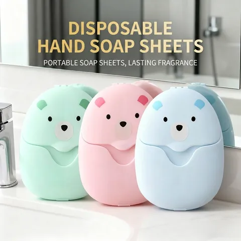 Hojas de Papel de Jabón Desechables Portátiles Con Estuche de Oso de Dibujos Animados Mini Escamas de Jabón para Lavado de Manos Niños Viaje Aire Libre