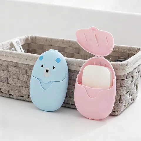 Hojas de Papel de Jabón Desechables Portátiles Con Estuche de Oso de Dibujos Animados Mini Escamas de Jabón para Lavado de Manos Niños Viaje Aire Libre