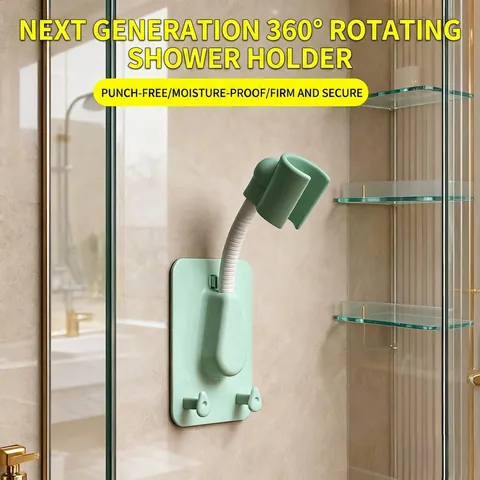 No-Drill Adjustable Universal Shower Head Holder 360 Degree Rotation Wall Mounted Bracket with Hooks ABS Bathroom Shower Accessories