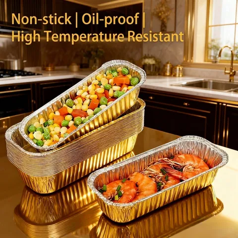 Disposable Rectangular Gold Aluminum Foil Tray Heat Resistant Greaseproof Liners For Air Fryer Oven Baking Grilling Cookware