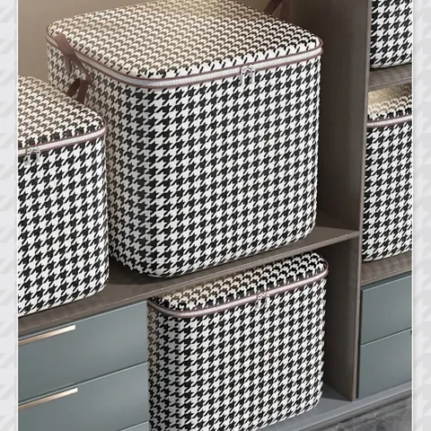 Houndstooth Large Capacity Clothes Storage Bag Foldable Non-Woven Blanket Quilt Organizer Box With Reinforced Handle Zipper Home Moving