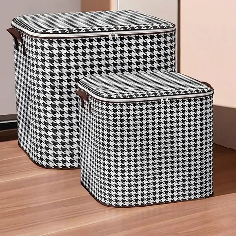 Houndstooth Large Capacity Clothes Storage Bag Foldable Non-Woven Blanket Quilt Organizer Box With Reinforced Handle Zipper Home Moving