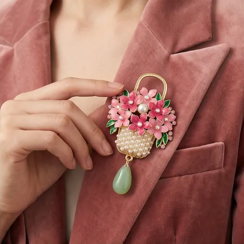 New Chinese Style Flower Basket Brooch Pendant Alloy Artificial Pearl Rhinestone Enamel Pink Green Water Drop Cheongsam Accessories Women Jewelry