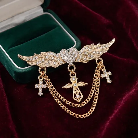 Vintage Alloy Wing Heart Cross Brooch Pin Rhinestone Tassel Chain Gold Angel Wings Cross Pendant Brooch Jewelry For Women