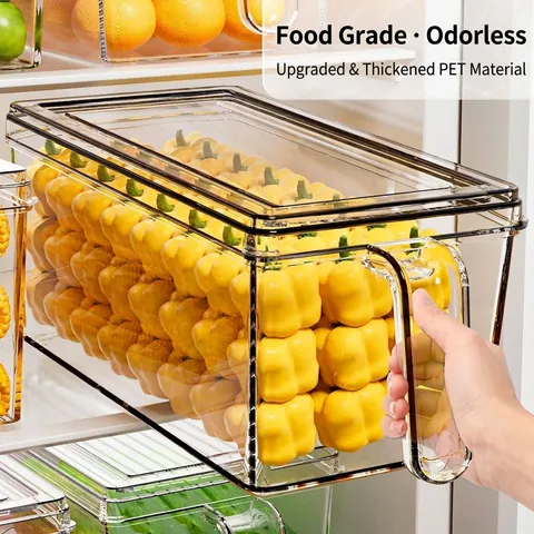 Food Grade PP Refrigerator Storage Box With Handle Stackable Transparent Freezer Organizer Container For Fruits Vegetable