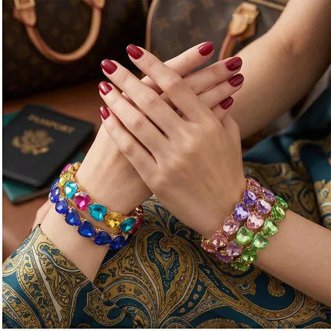 Colorful Heart Shape Acrylic Crystal Elastic Bracelet With Electroplated Alloy Frame Stretch Fashion Jewelry For Women Daily Wear