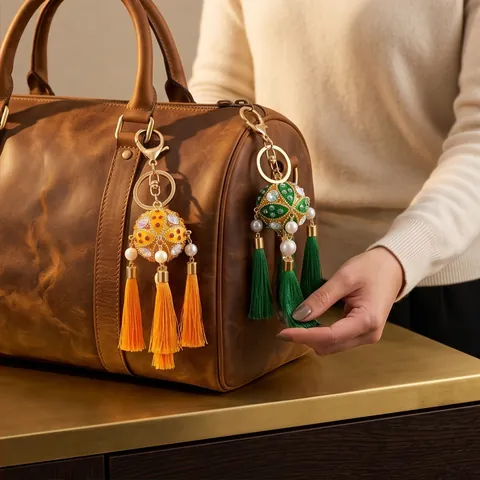 Chinese Ethnic Guochao Embroidered Ball Tassel Keychain Vintage Zinc Alloy Rhinestone Artificial Pearl Bag Charm Pendant Decoration