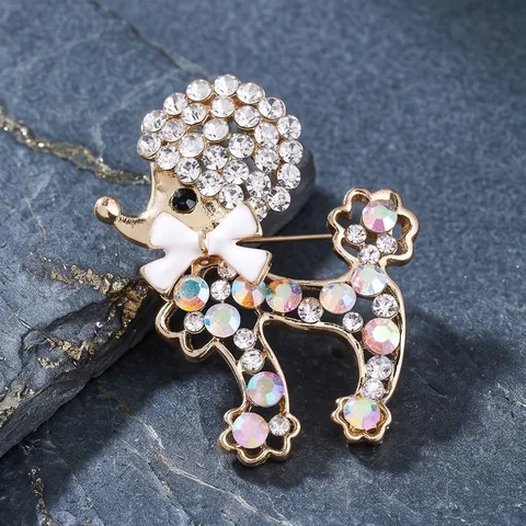 Cute Poodle Puppy Brooch For Women Gold Plated Alloy Rhinestone Animal Lapel Pin Fashion Clothing Accessories Gift