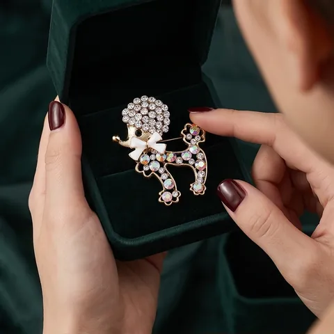 Cute Poodle Puppy Brooch For Women Gold Plated Alloy Rhinestone Animal Lapel Pin Fashion Clothing Accessories Gift