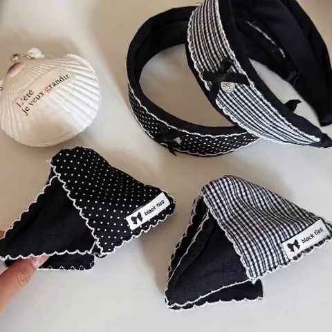 French Vintage Fabric Headband Triangle Hair Claw Set Black White Grid Polka Dot Lace Edge Bow Elegant Hair Accessories For Women