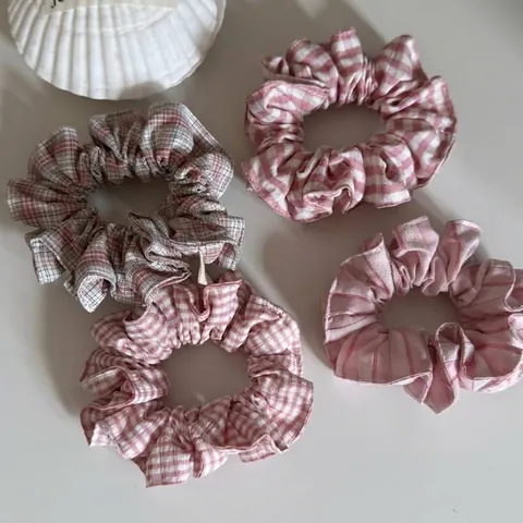 Korean Style Pink Sweet Scrunchie Ruffled Edge Fabric Ponytail Holder Hair Tie Plaid Stripe Elegant Hair Accessories For Women