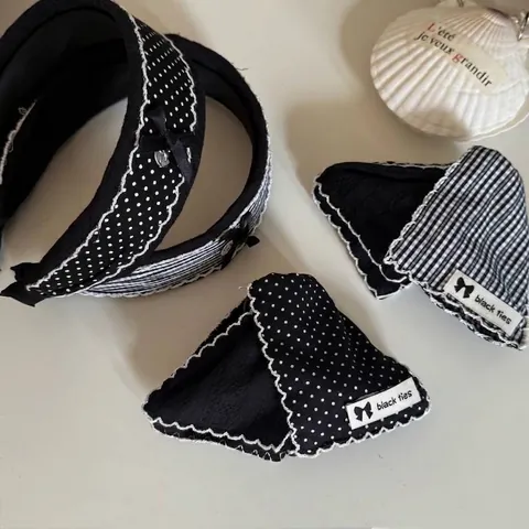 French Vintage Fabric Headband Triangle Hair Claw Set Black White Grid Polka Dot Lace Edge Bow Elegant Hair Accessories For Women