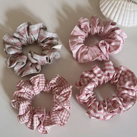 Korean Style Pink Sweet Scrunchie Ruffled Edge Fabric Ponytail Holder Hair Tie Plaid Stripe Elegant Hair Accessories For Women