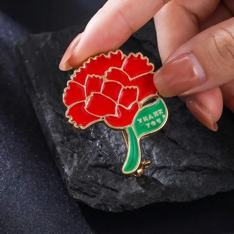 Carnation Flower Alloy Brooch For Women Red Enamel Brooch Pin With Thank You Letter For Mother's Day Gift Fashion Apparel Jewelry Accessory