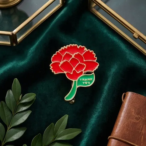 Carnation Flower Alloy Brooch For Women Red Enamel Brooch Pin With Thank You Letter For Mother's Day Gift Fashion Apparel Jewelry Accessory