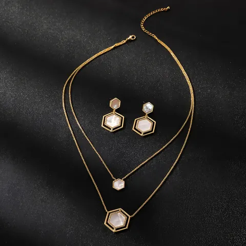 Parure de Bijoux en Acier Titane Hexagone Géométrique Design de Niche Pour Femmes Avec Collier et Boucles d'oreilles en Nacre et Zirconia