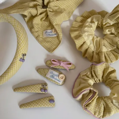 French Vintage Yellow Plaid Fabric Hair Accessories Set Vitality Girl Scrunchies Headband Hair Clips Cherry Decor Headwear