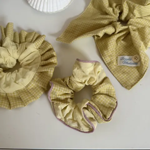 French Vintage Yellow Plaid Fabric Hair Accessories Set Vitality Girl Scrunchies Headband Hair Clips Cherry Decor Headwear
