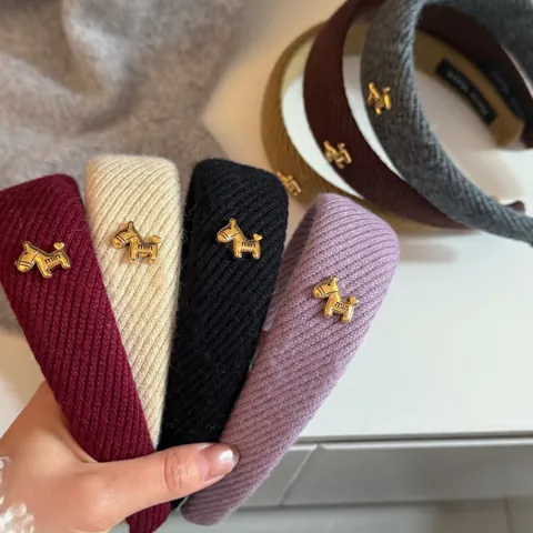 Serre-Tête Large en Tricot Sergé Rétro Français pour Femmes Effet de Sommet de Crâne Élevé Avec Charme de Cheval en Métal Accessoires de Cheveux