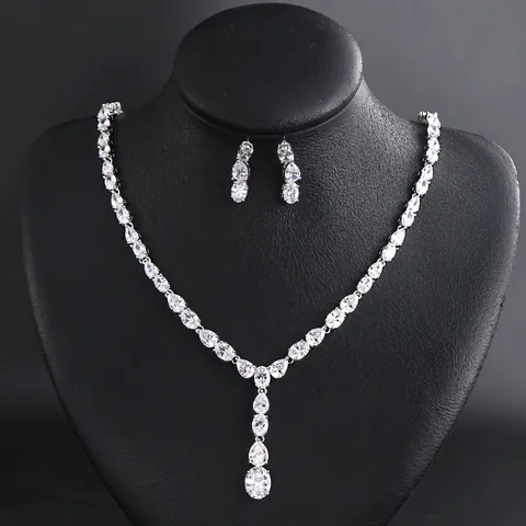 Elegante Juego de Joyas de Latón Circonia para Novia Collar Colgante Gota Larga Pendientes de Botón Boda Mujer Joyería