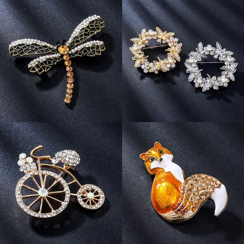 Vintage Alloy Rhinestone Brooch Pins Elegant Animal Floral Dragonfly Wreath Bicycle Brooches For Women Men Clothing Decor Accessories Jewelry Gift