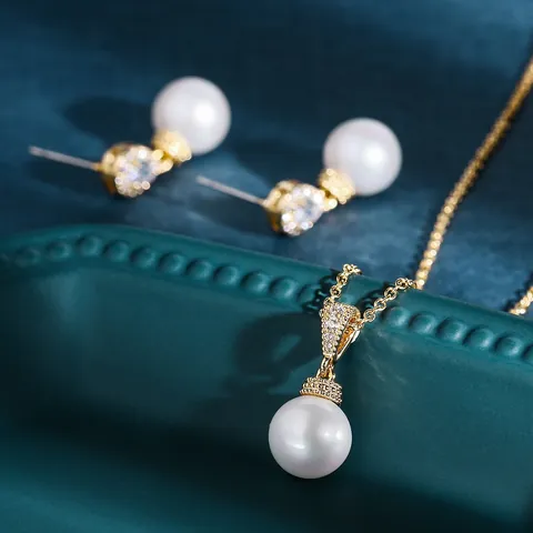 Elegante Conjunto de Joyas de Perlas Artificiales y Circonia Collar con Colgante de Latón y Pendientes para Boda Damisela Joyas