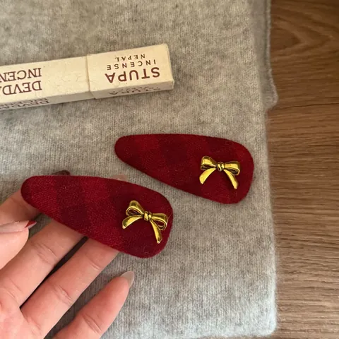 Pinzas de Pelo BB Vintage con Lazo de Cuadros Rojos para Mujeres Niñas Tweed Hecho a Mano Cuadros Accesorios para el Cabello