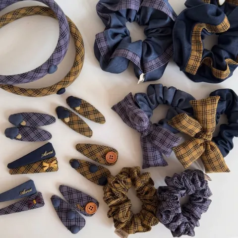 Vintage Plaid Patchwork Bow Hair Clip Scrunchie Headband For Women Retro Fabric Hair Accessories Color Block Bowknot Hair Tie