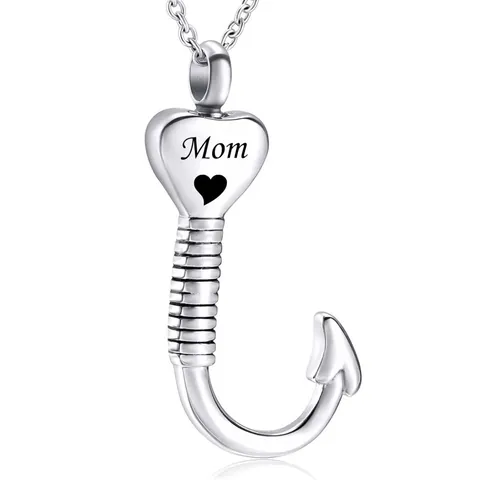 Stainless Steel Heart Fishhook Cremation Urn Necklace Memorial Ashes Pendant Openable Perfume Bottle Charm Keepsake Jewelry For Men Women