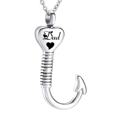 Stainless Steel Heart Fishhook Cremation Urn Necklace Polished Silver Memorial Keepsake Pendant For Ashes Jewelry Women Men