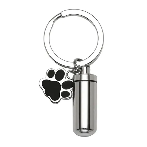 Stainless Steel Pet Memorial Cremation Urn Keychain Set With Black Paw Print Charm Cylindrical Ashes Keepsake Jewelry For Men Women