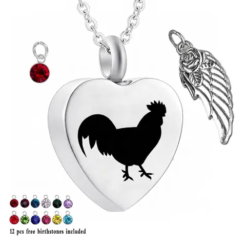 Stainless Steel Heart Shaped Cremation Memorial Urn Necklace For Ashes Rooster Pattern Perfume Bottle Pendant With Birthstones Wing Charm Jewelry