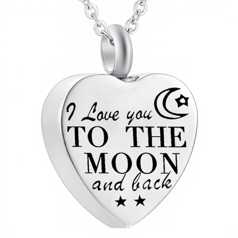 Stainless Steel Heart Urn Necklace Engraved I Love You To The Moon And Back Cremation Jewelry For Ashes Pet Memorial Pendant