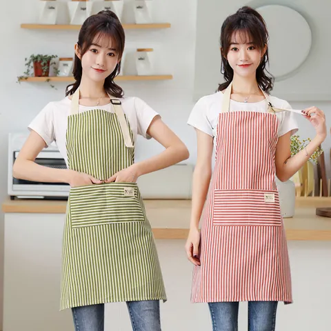 Japanese Style Cotton Striped Kitchen Apron For Women Adjustable Neck Strap Breathable Anti-Stain Household Cleaning Cooking Apron With Large Pocket